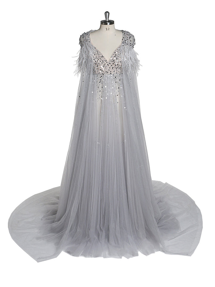 Silbernes Abendkleid aus Tüll mit Perlen und Cape, Umstandskleid für Fotoshootings, Fotografiekleid, Schnürung am Rücken 