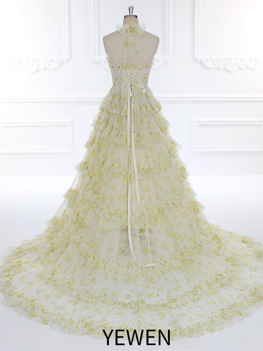 Floral Tulle Print Prom Gown with High Neckline Sheer Corset Bodice and Ruffle Skirt Photography Dresses YW231102