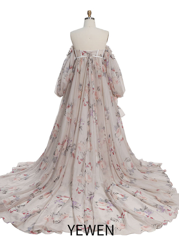 Umstandskleid Fotoshooting Print Blumenmuster Seide Weicher Organza Schulterfreies Maxikleid mit Schleppe YW230305 