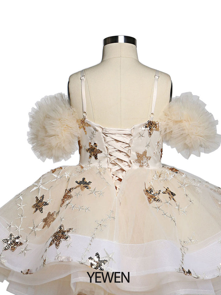 Champagner Stern Tüll Blumenmädchen Partykleider für Hochzeiten Geburtstag Kinder Prinzessin Fotoshooting Kleid Tutu Kleid YEWEN YW21015 