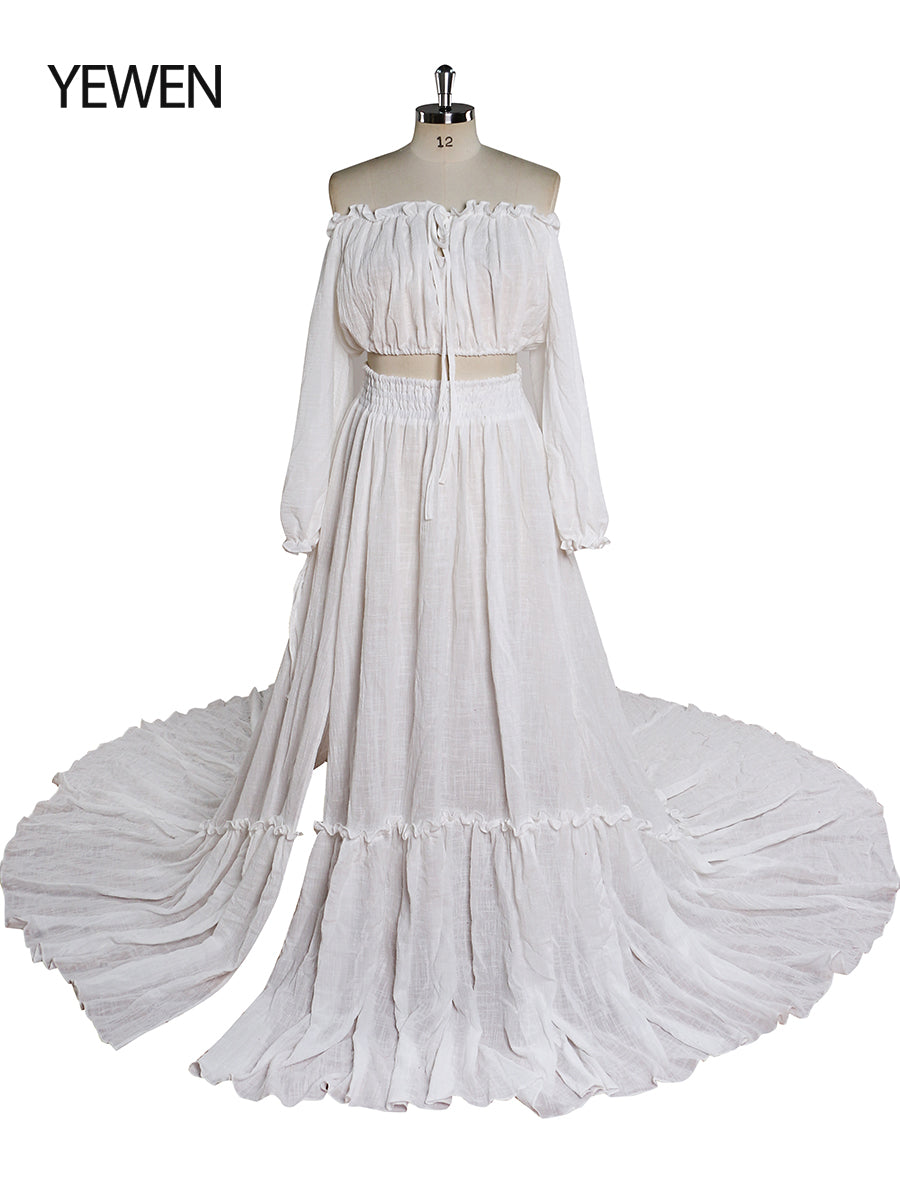 Versandfertig - 2-teiliges Set Maxikleider Dehnbare Taille Umstandskleid Fotografie Kleid YD211229