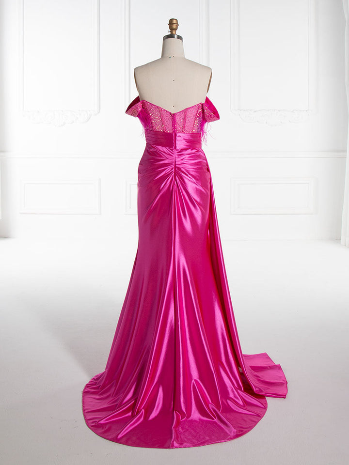 Trumpet/Mermaid Off Shoulder, High Leg Slit ,Satin Prom Dresses