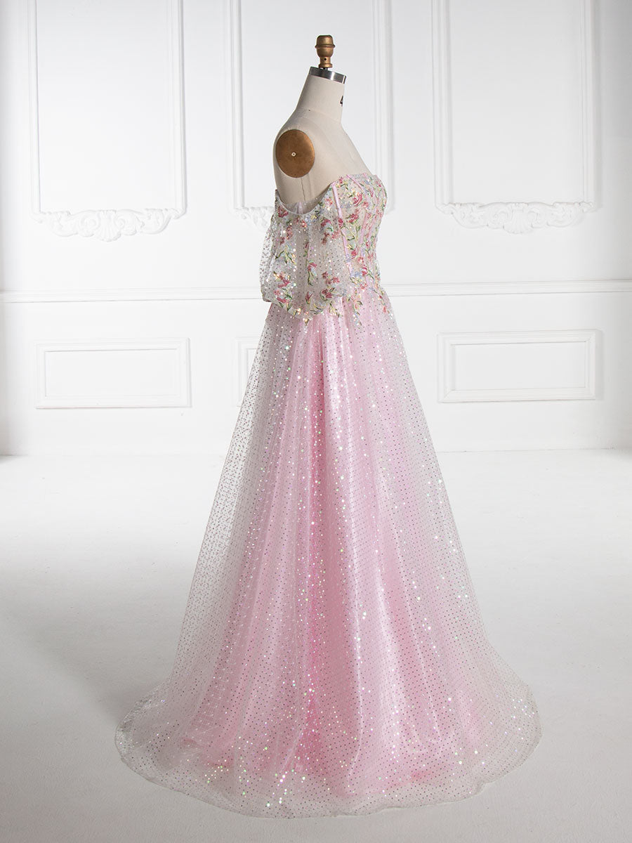 A-Linie Trägerlos Bodenlang Rosa Pailletten Ballkleider Mit Stickerei Spitze YE3002 