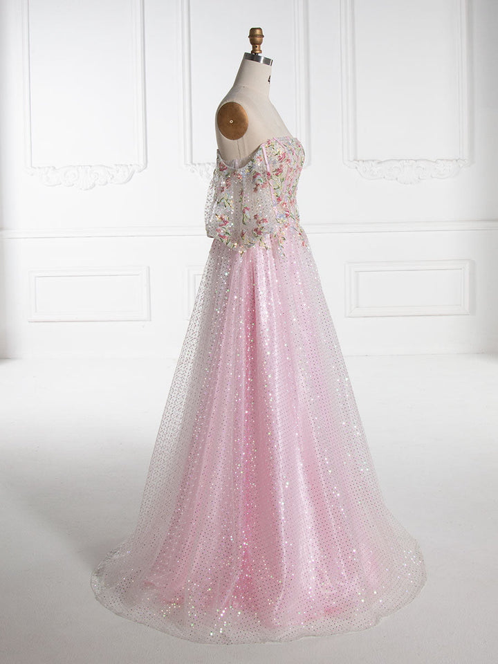 A-Linie Trägerlos Bodenlang Rosa Pailletten Ballkleider Mit Stickerei Spitze YE3002 