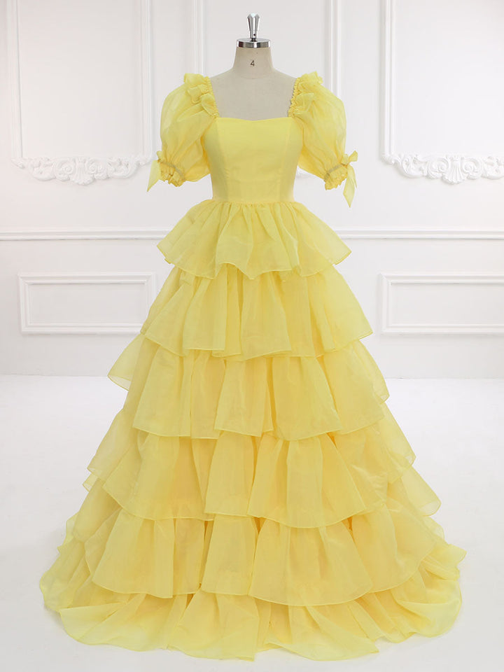 Gelbes Ballkleid mit Rüschen, Abendkleid, Partykleid, Fotoshooting-Kleid, Outfits YW231128 