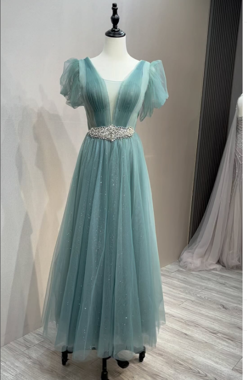 Elegant Glitter Mesh , Ankle Length,  Prom Ball Gown, Crystals Belt