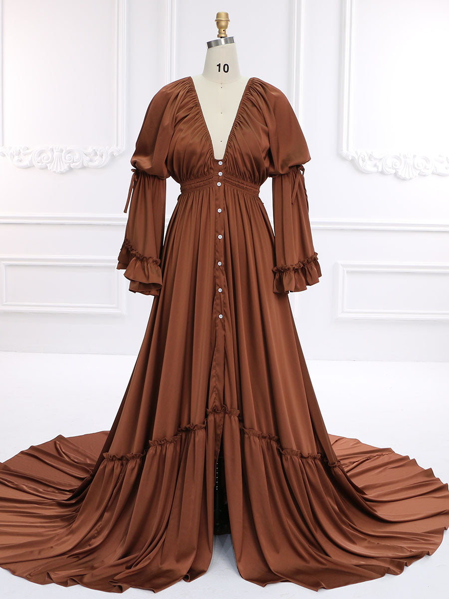 Seidenweiches Satin-Frauenkleid mit langen Ärmeln, Maxikleid, Fotografie-Shooting-Kleider YD211202 