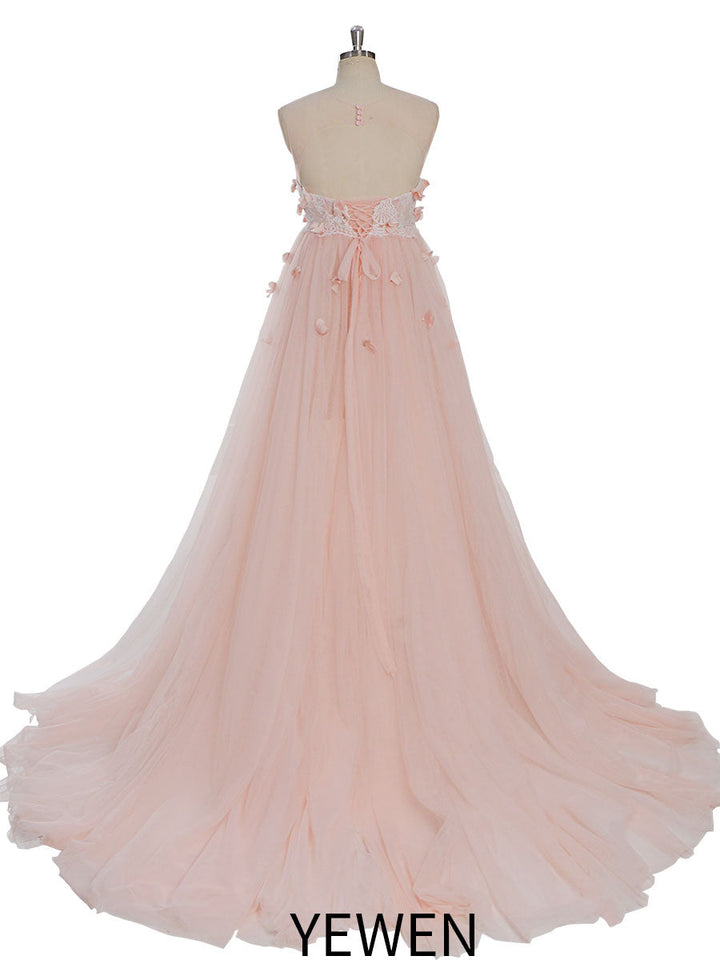 Rosa Blumenkleid aus weichem Tüll für Fotoshootings, Rundhalsausschnitt, rückenfreies Maxikleid aus Tüll, YW230330 