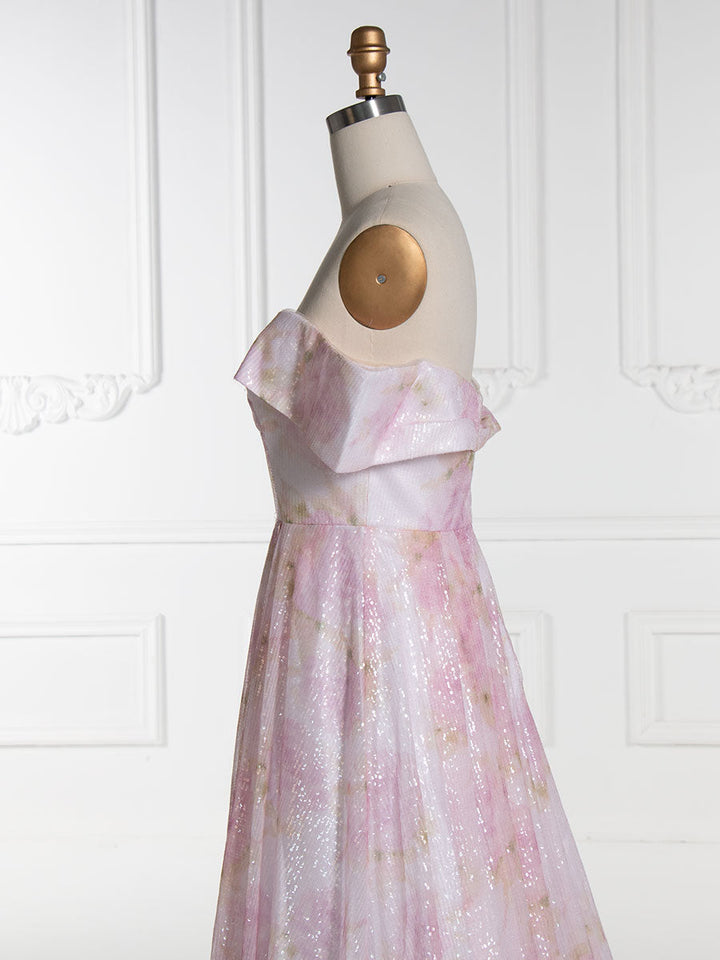 Elegantes A-Linien-Ballkleid mit schulterfreiem, rosafarbenem Print YE3019 