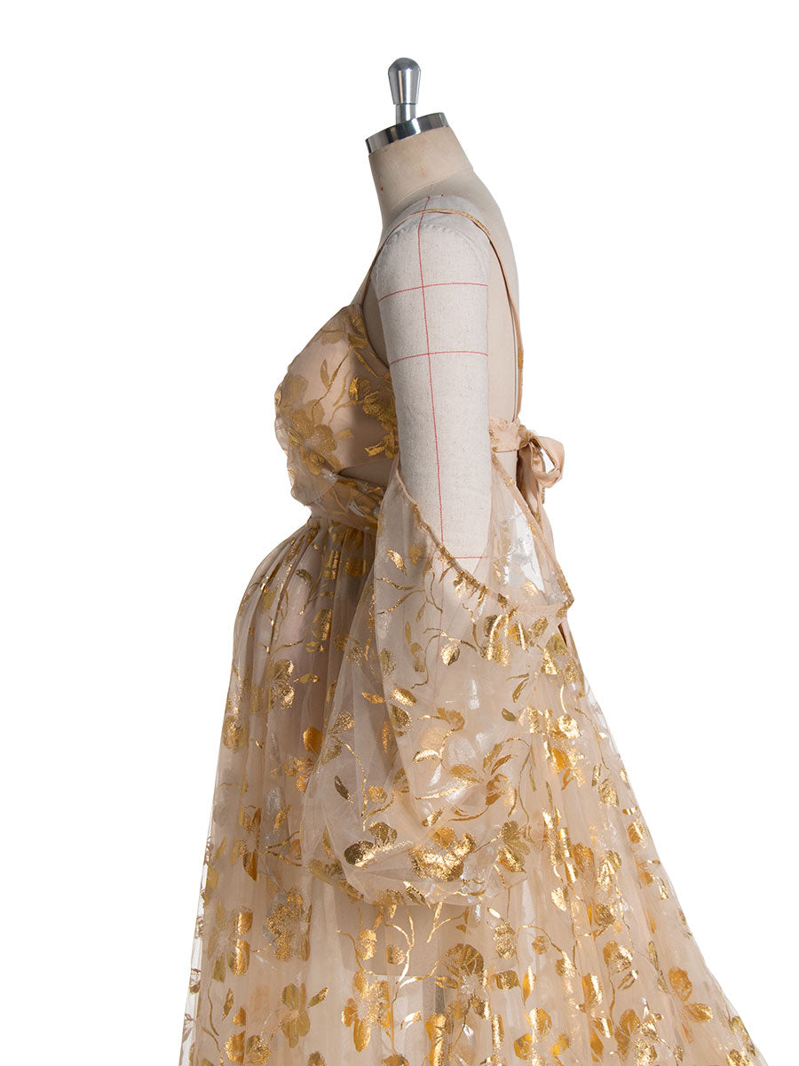 Stunning Gold ,Tulle Dress with Long Train Maternity Shoot Pregnancy Dresses for Photo Shoots 