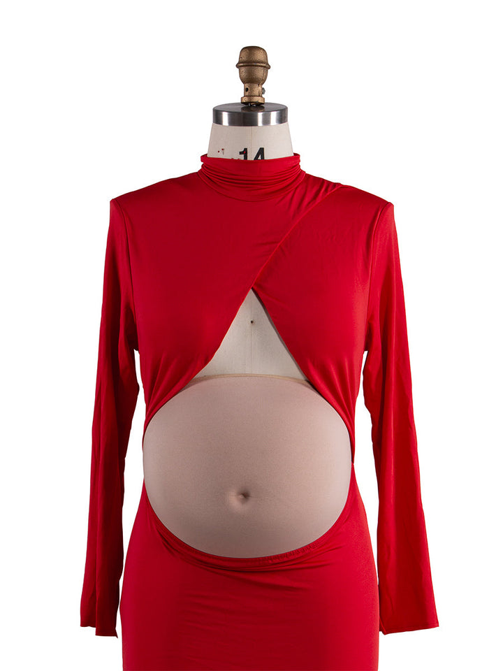 Lange Ärmel, dehnbarer Stoff, rote Umstandskleider für Fotoshootings, Show, Bauch, Babyparty-Kleider YW243168