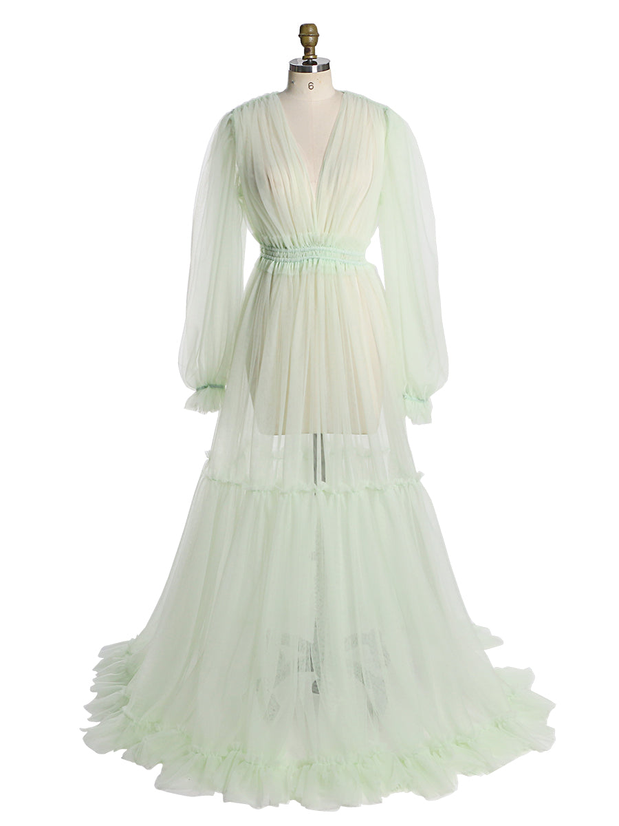 Durchsichtiges, langärmeliges Kleid aus weichem Tüll für Damen, Maxi-Kleid für Fotoshootings, YW231005 