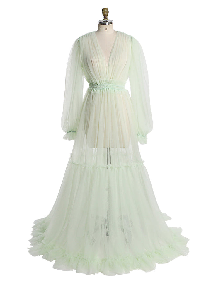 Durchsichtiges, langärmeliges Kleid aus weichem Tüll für Damen, Maxi-Kleid für Fotoshootings, YW231005 