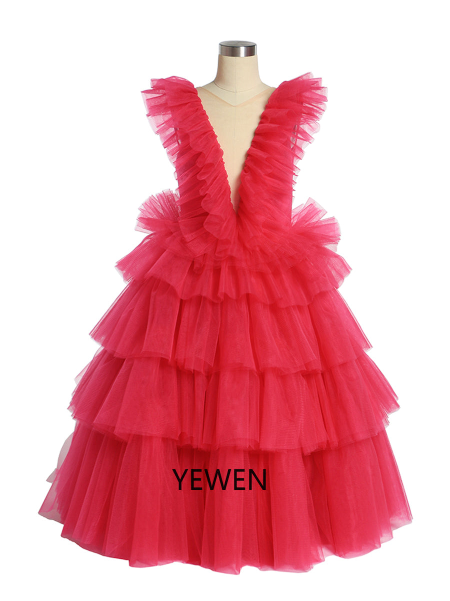 Oldrose V-Ausschnitt Tüll Rüschen Langarm Blumenmädchen Kleid Kind Partykleider für Fotoshooting 