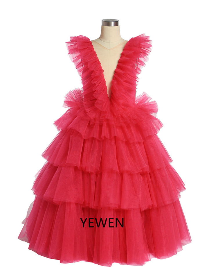 Oldrose V-Ausschnitt Tüll Rüschen Langarm Blumenmädchen Kleid Kind Partykleider für Fotoshooting 