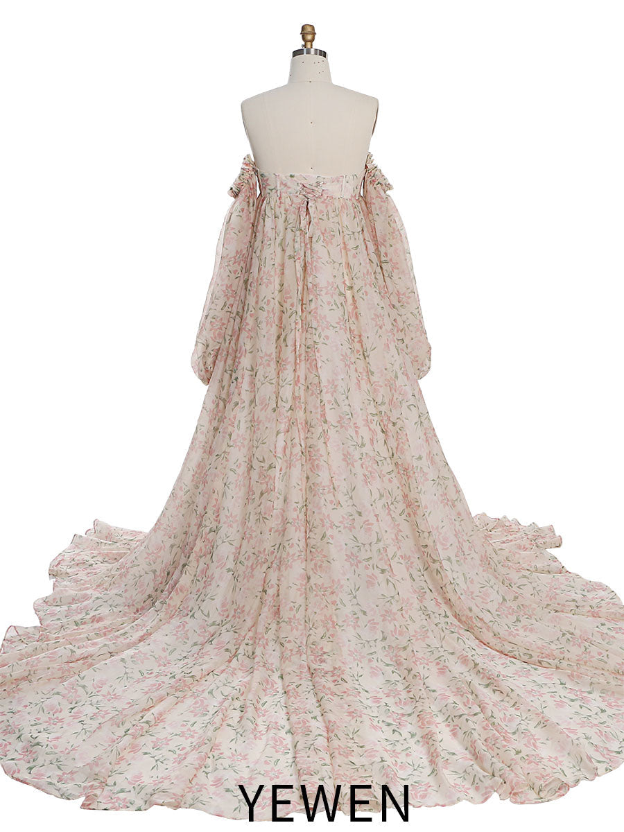 Umstandskleid mit Schlitz vorne, Fotoshooting-Druck, florales Seiden-Organza-Umstandskleid YW231007
