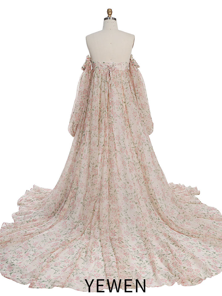 Umstandskleid mit Schlitz vorne, Fotoshooting-Druck, florales Seiden-Organza-Umstandskleid YW231007