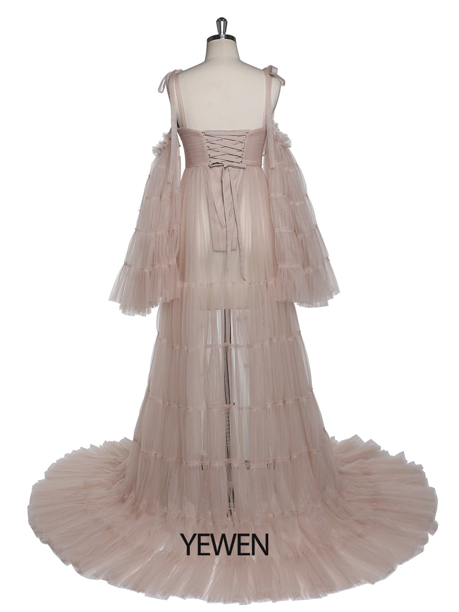 Plissiertes Umstandskleid aus Tüll für Fotoshootings, große ausgestellte Ärmel, Fotoshooting-Kleid für Damen, YW21025