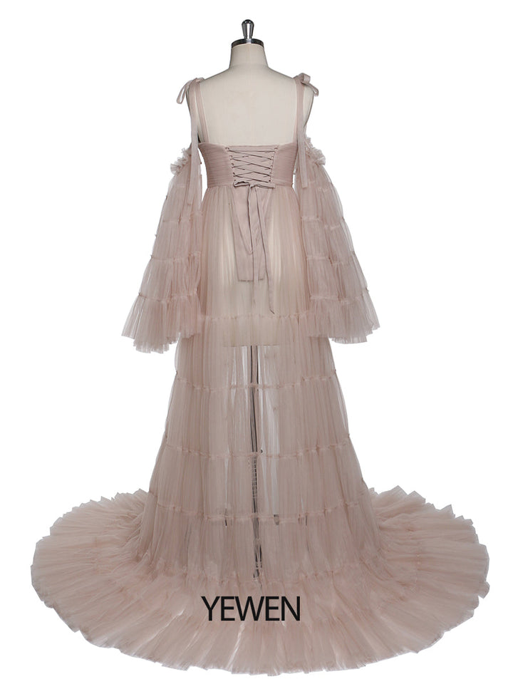 Plissiertes Umstandskleid aus Tüll für Fotoshootings, große ausgestellte Ärmel, Fotoshooting-Kleid für Damen, YW21025