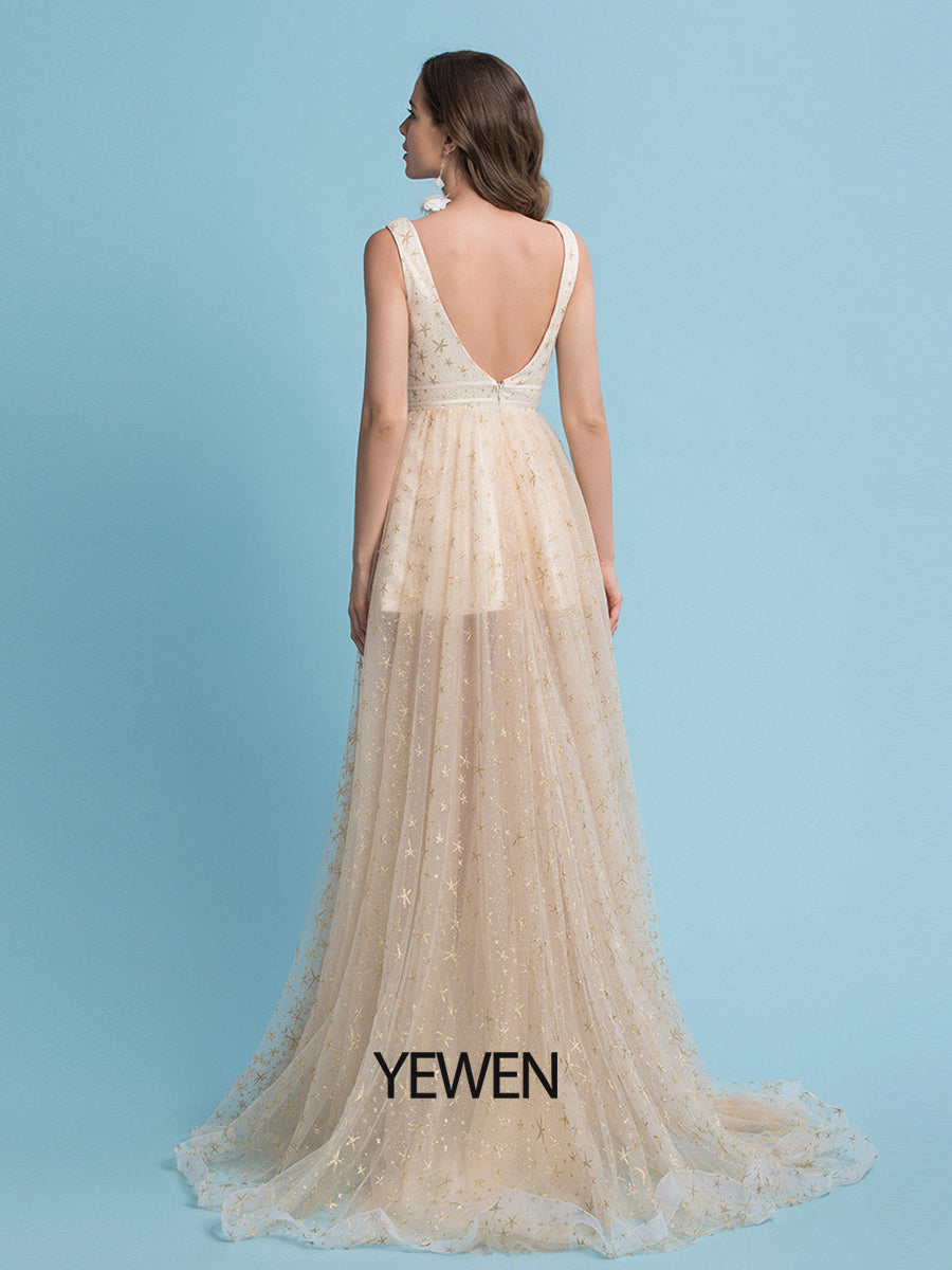 A-Linie Glitzerndes Abendkleid für Hochzeitsgäste, V-Ausschnitt, ärmellos, bodenlang, Tüll mit Sternen 