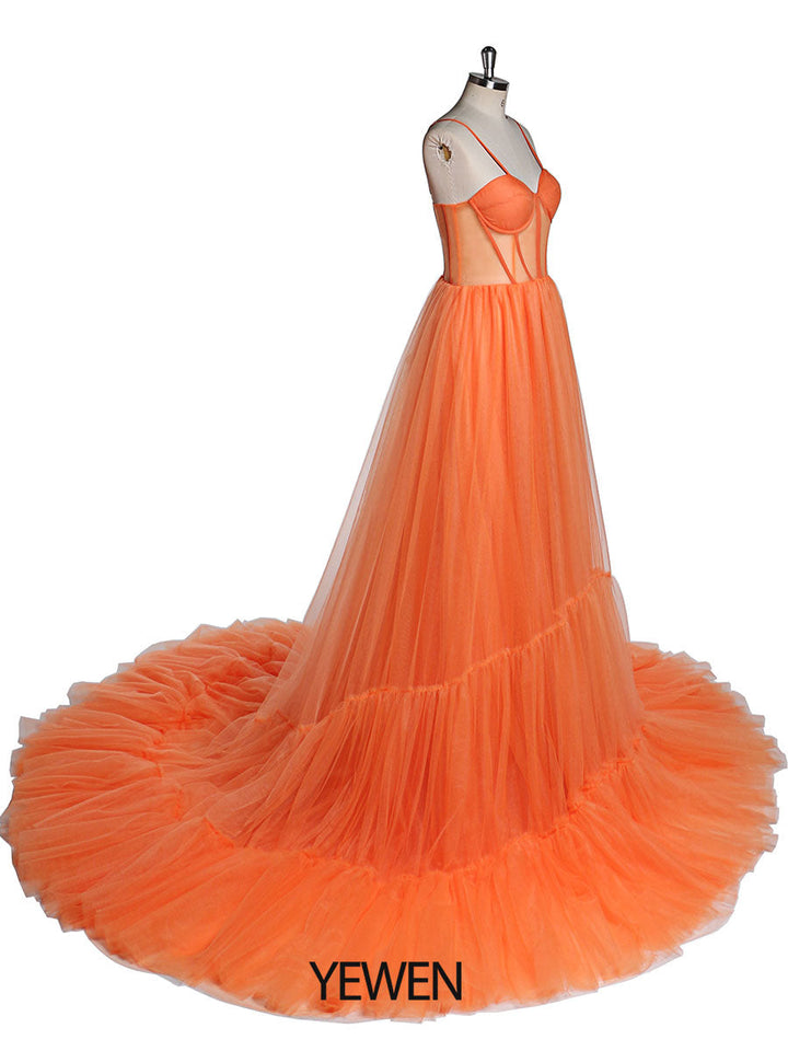 Oranges Tüll Abendkleid Lang Damen Formales Abschlussballkleid Flauschiges Maxi Fotoshootingkleid Hochzeitsgästekleid YEWEN 