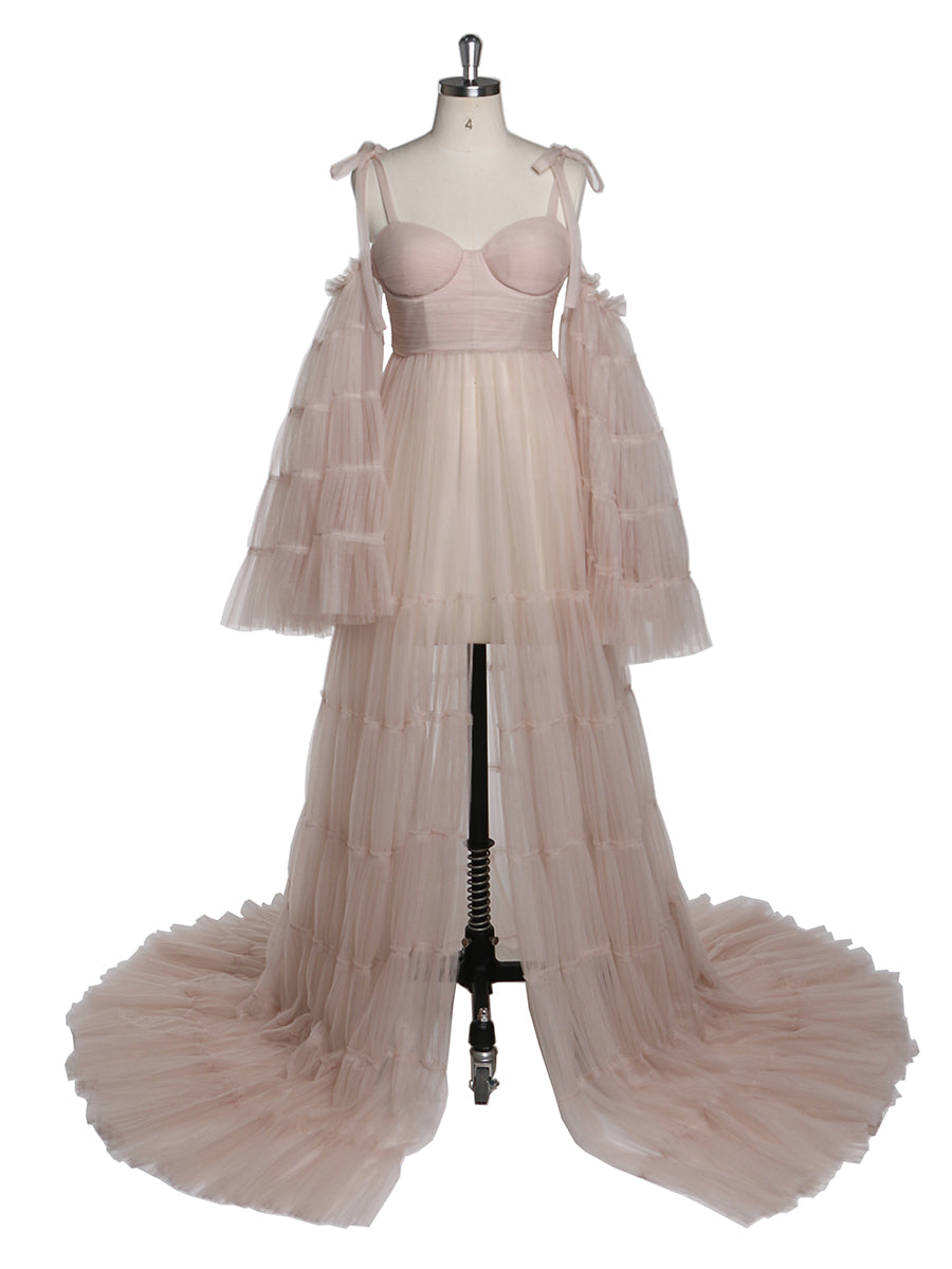 Plissiertes Umstandskleid aus Tüll für Fotoshootings, große ausgestellte Ärmel, Fotoshooting-Kleid für Damen, YW21025