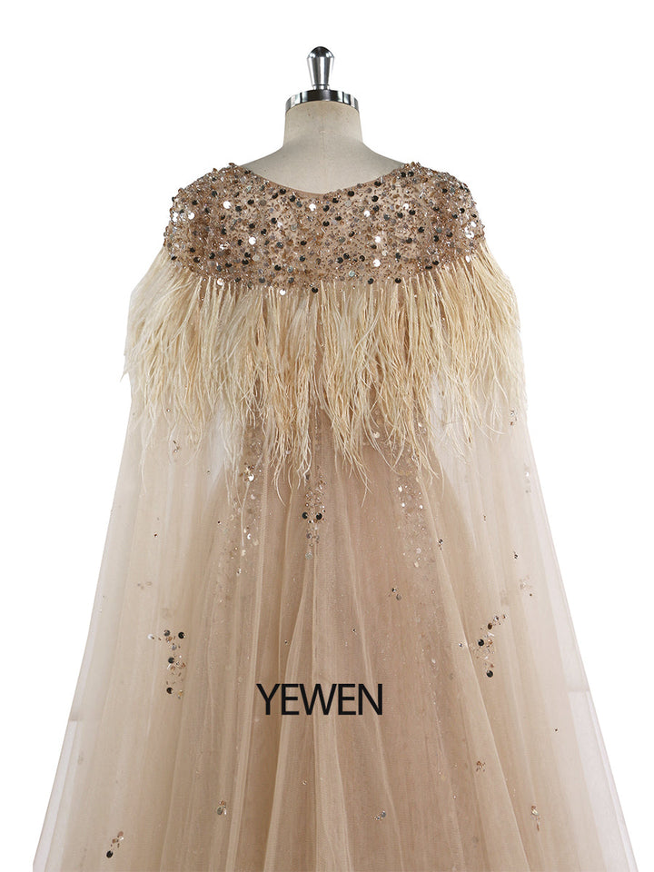 V-Ausschnitt Formelles Abendkleid Abnehmbarer Umhang Ärmellos Bodenlang Tüll mit Perlenbesatz Partykleid YEWEN 