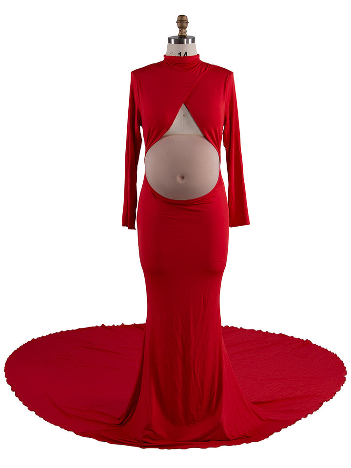 Lange Ärmel, dehnbarer Stoff, rote Umstandskleider für Fotoshootings, Show, Bauch, Babyparty-Kleider YW243168