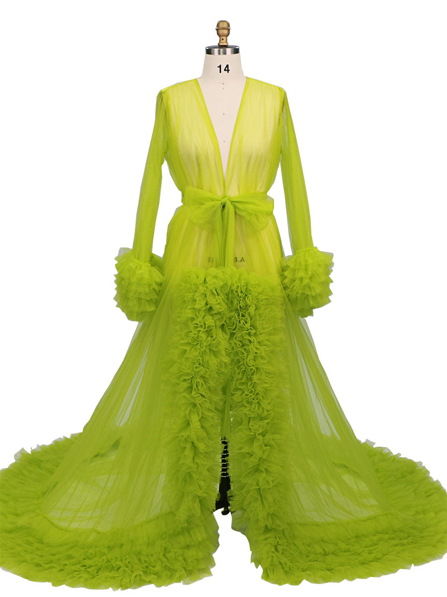 Lachsfarbenes Tüll-Abendkleid mit langen Ärmeln, Umstandskleid, Foto-Shooting, Foto-Requisiten, Fotografie-Kleid, YW231059 