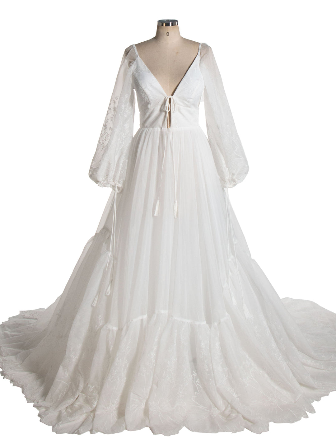 V Neck, Embroidered Lace, Bridal Dress with Long Sleeves, Boho Maxi Dress 