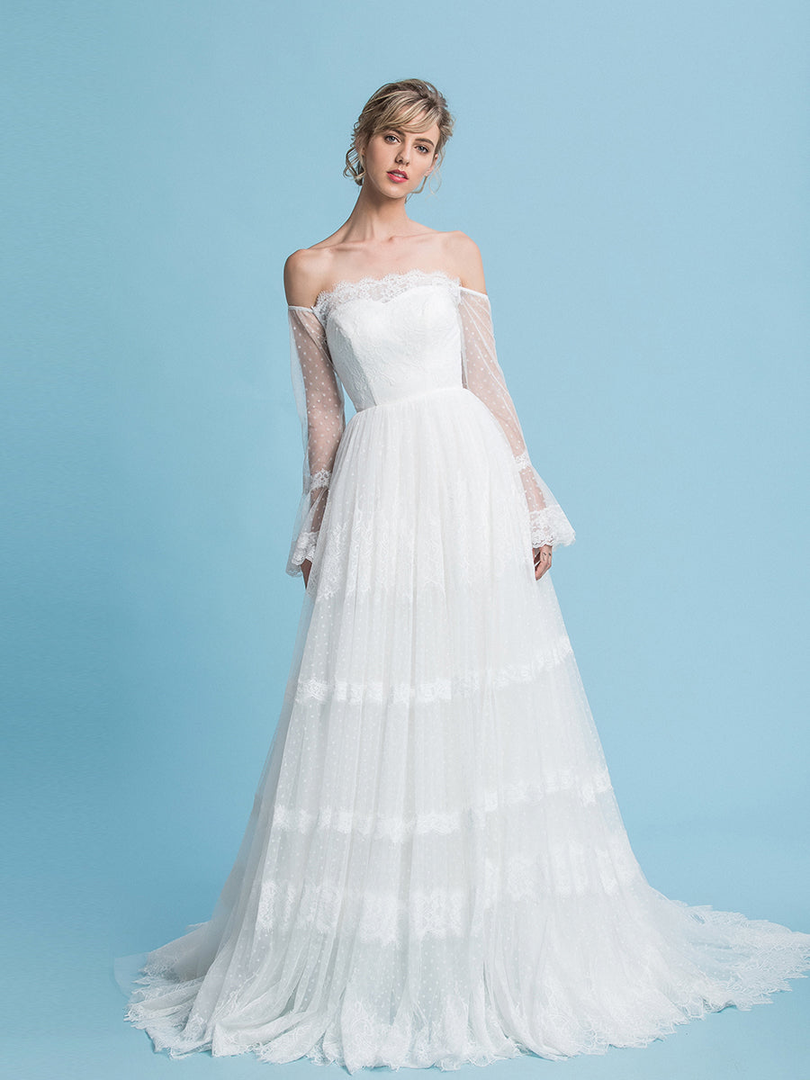 Off the Shoulder Romantisches Bohemian Brautkleid Lange Ärmel Strandhochzeit Brautkleid 