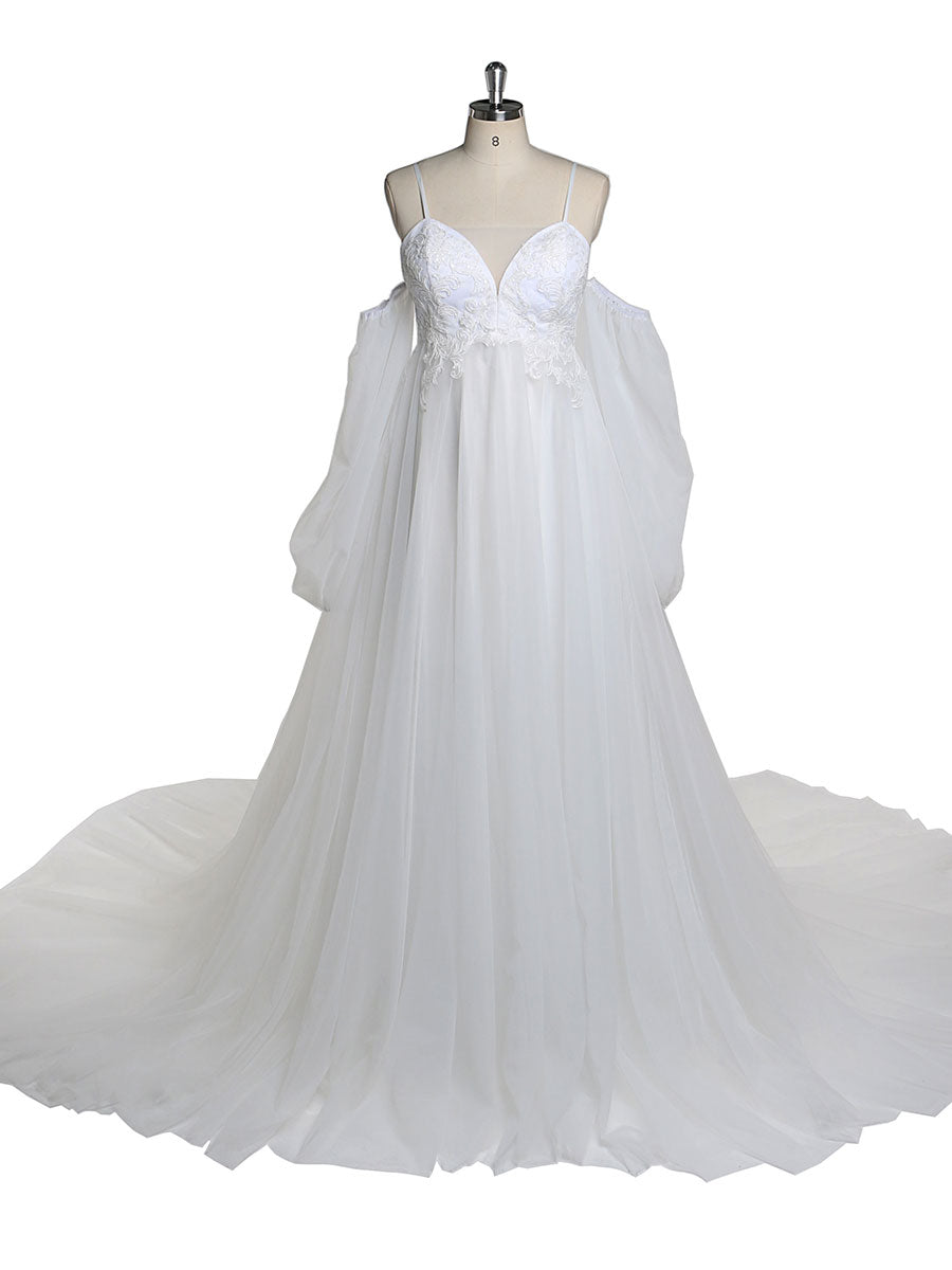 Boho-Stil V-Ausschnitt Tüll Umstandsbrautkleid Spitzenbrautkleid mit langer Schleppe YEWEN