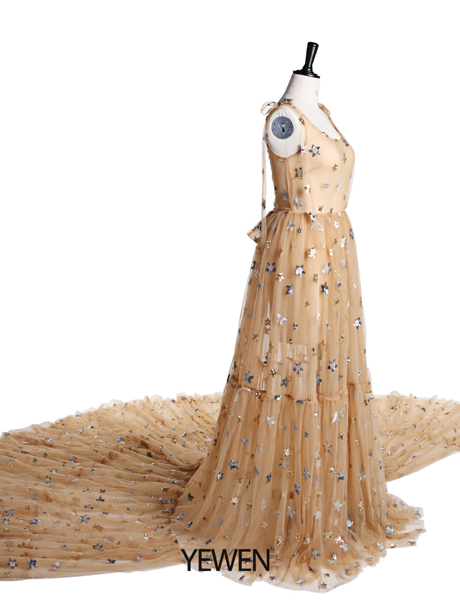Ärmelloses, durchsichtiges Fotoshooting-Kleid mit funkelnden Sternen, Übergröße, YEWEN YW2025 