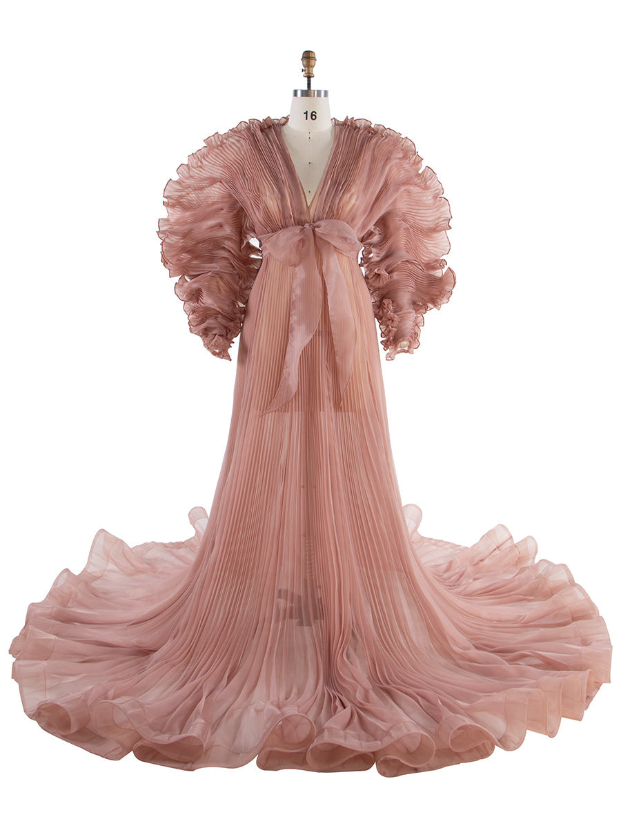 V-Ausschnitt, plissiertes Organza-Umstandskleid für Fotoshooting, großer Rock, transparentes Kleid für Schwangerschafts-Babyparty, YW250013 