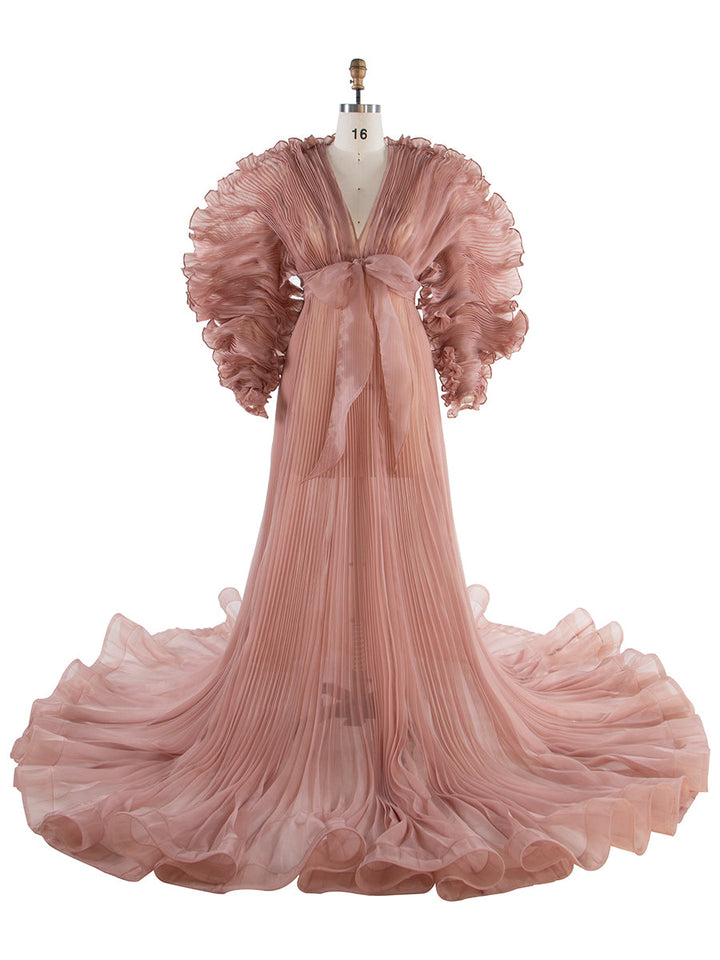 V-Ausschnitt, plissiertes Organza-Umstandskleid für Fotoshooting, großer Rock, transparentes Kleid für Schwangerschafts-Babyparty, YW250013 