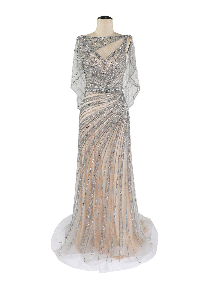 V-Ausschnitt Champagner Abendkleider 2024 Diamant Perlen Ärmellos Meerjungfrau Formelle Partykleid Reißverschluss Hinten YEWEN 