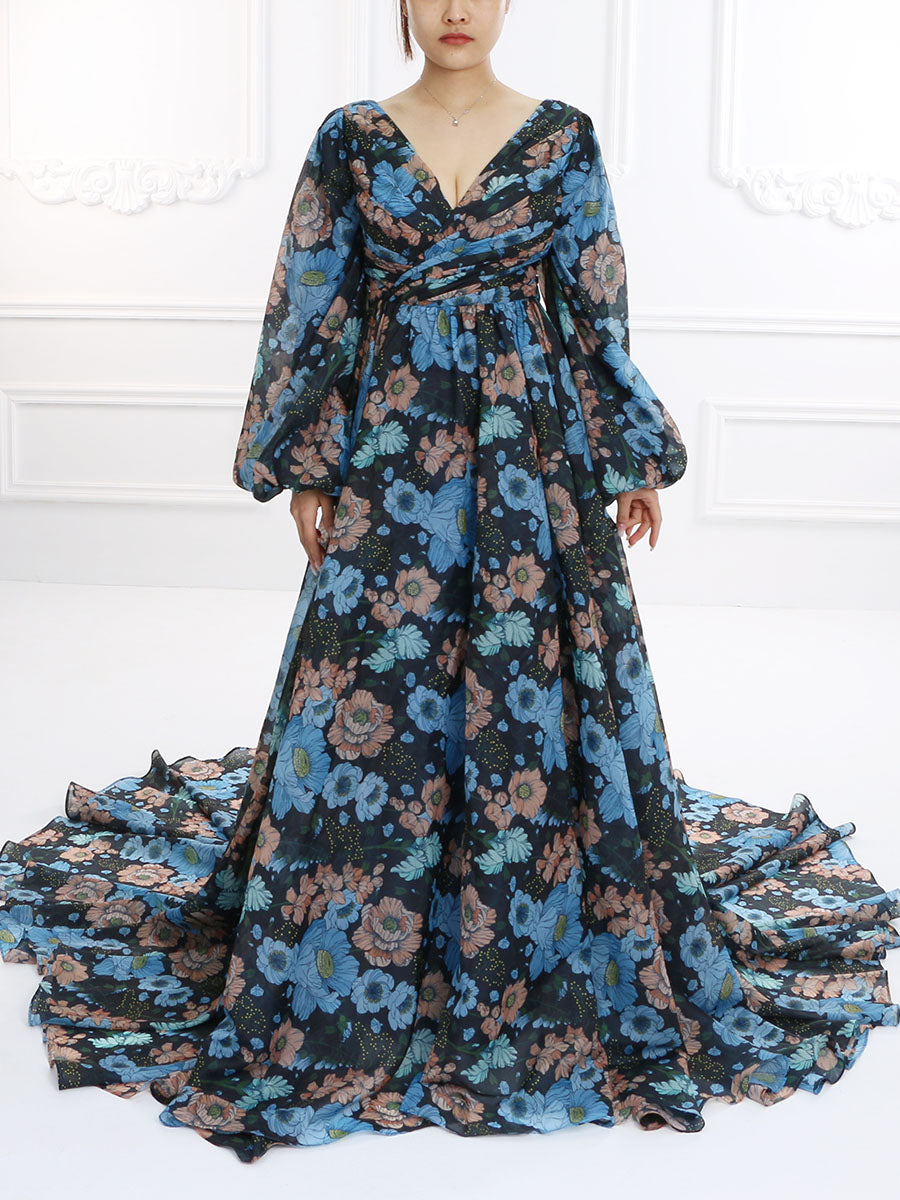 Organza Seersucker Floral Print Prom Dress ,Photoshoot Dress