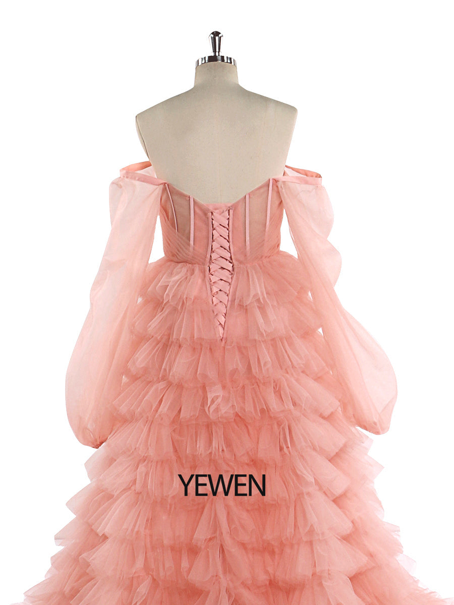 Schulterfreies Tüll-Abschlussballkleid in Rosa, Brautkleid, Fotoshooting-Kleider YW220828 