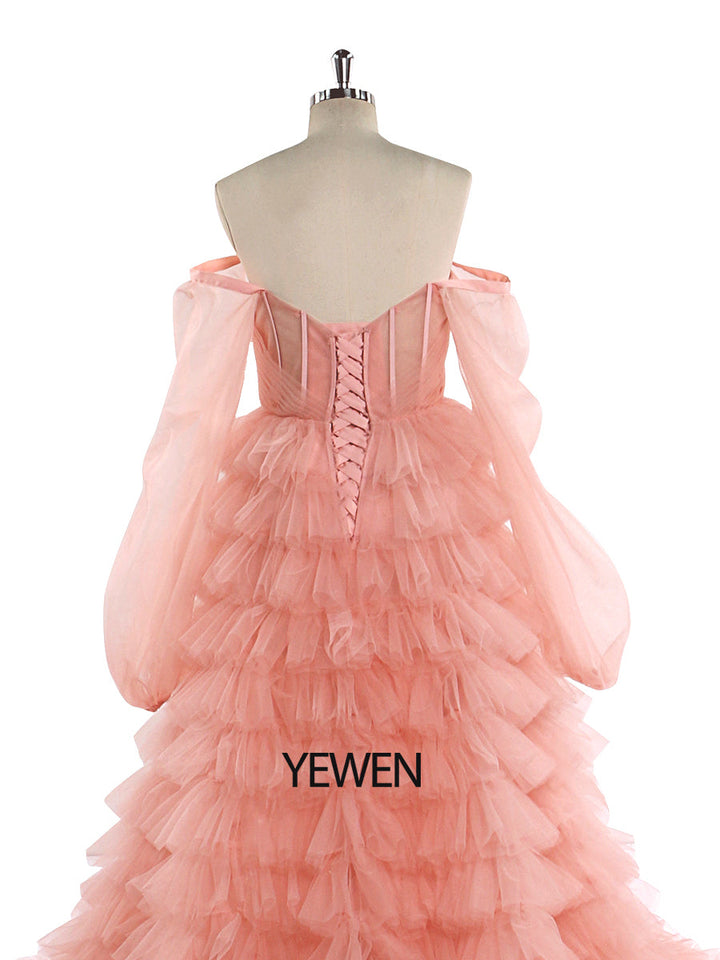 Schulterfreies Tüll-Abschlussballkleid in Rosa, Brautkleid, Fotoshooting-Kleider YW220828 