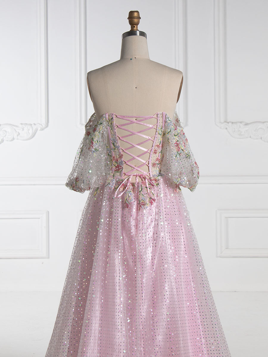 A-Linie Trägerlos Bodenlang Rosa Pailletten Ballkleider Mit Stickerei Spitze YE3002 