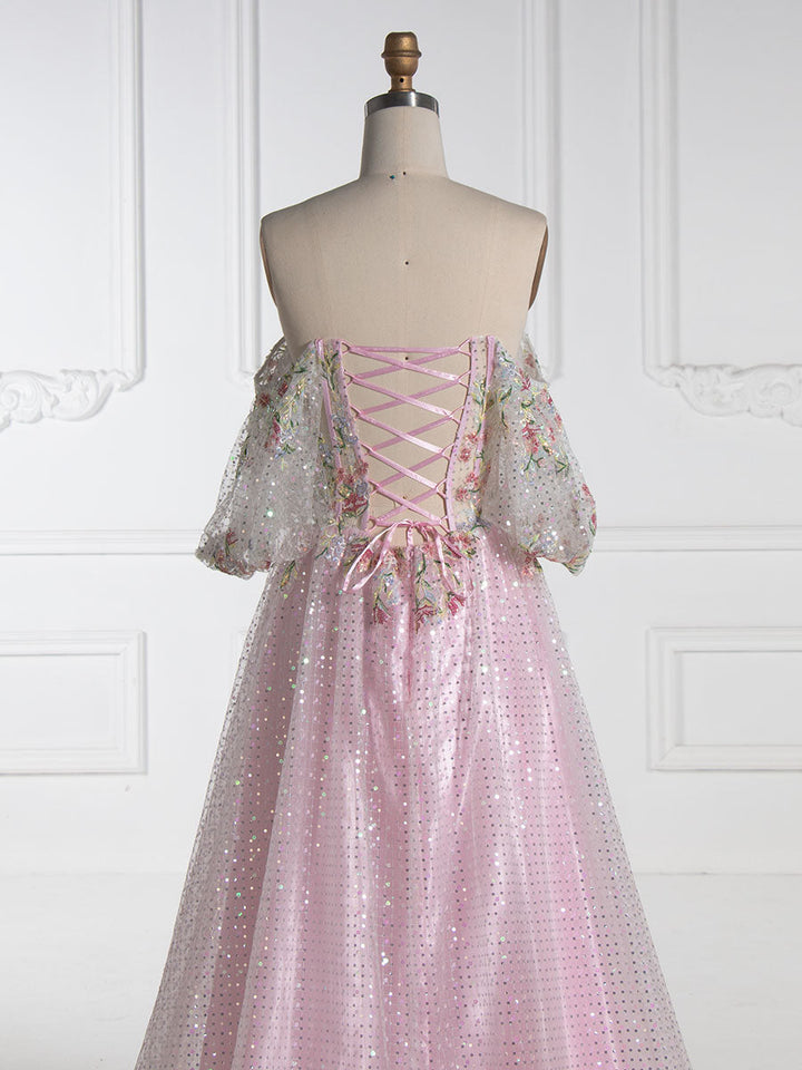 A-Linie Trägerlos Bodenlang Rosa Pailletten Ballkleider Mit Stickerei Spitze YE3002 