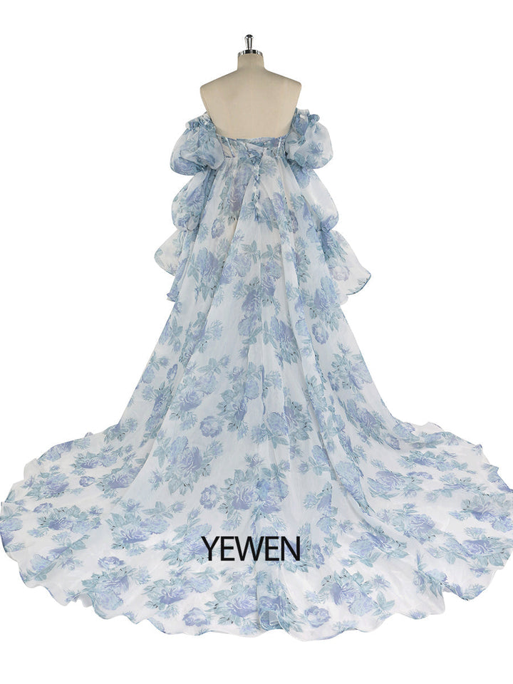 Versandfertig - Blaue Organza-Umstandskleider mit Blumenmuster für Fotoshootings YW221105 