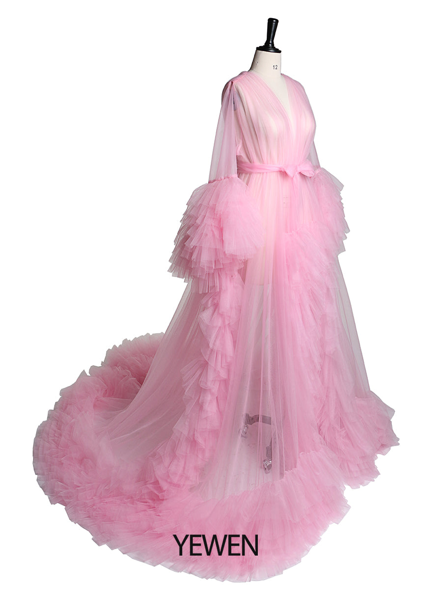 Langärmliges Umstandskleid für Fotoshootings, gerüschtes Tüllkleid mit V-Ausschnitt, Party- und Abendkleid 
