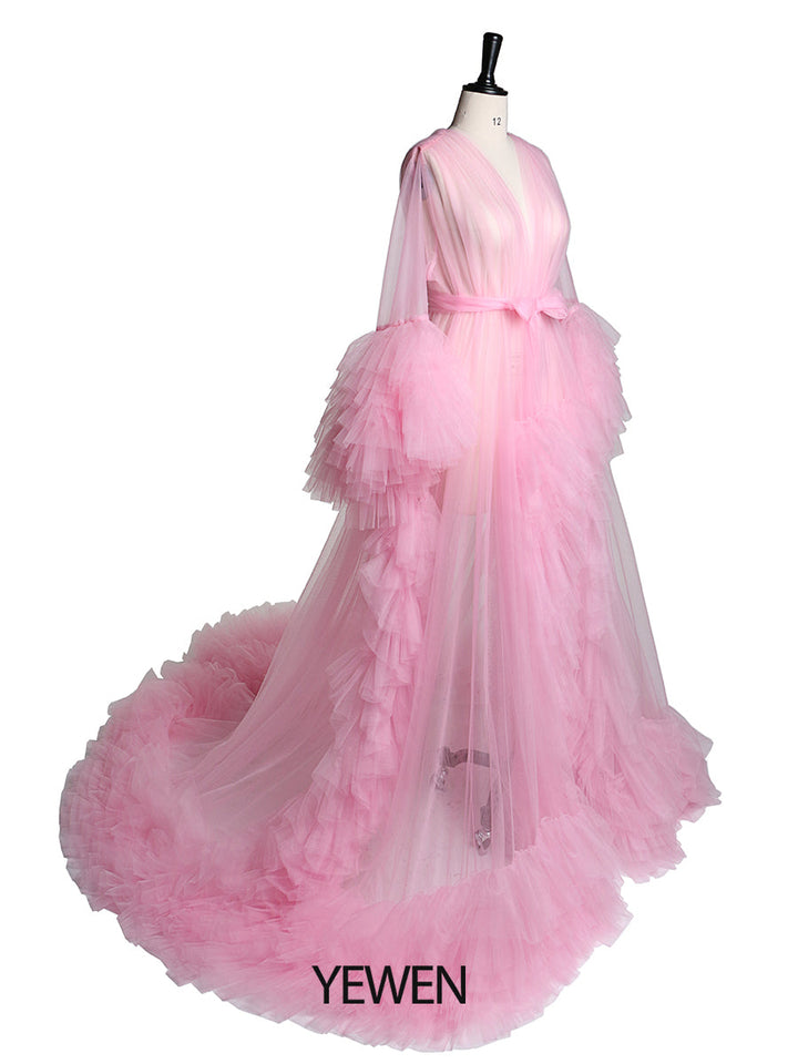 Langärmliges Umstandskleid für Fotoshootings, gerüschtes Tüllkleid mit V-Ausschnitt, Party- und Abendkleid 