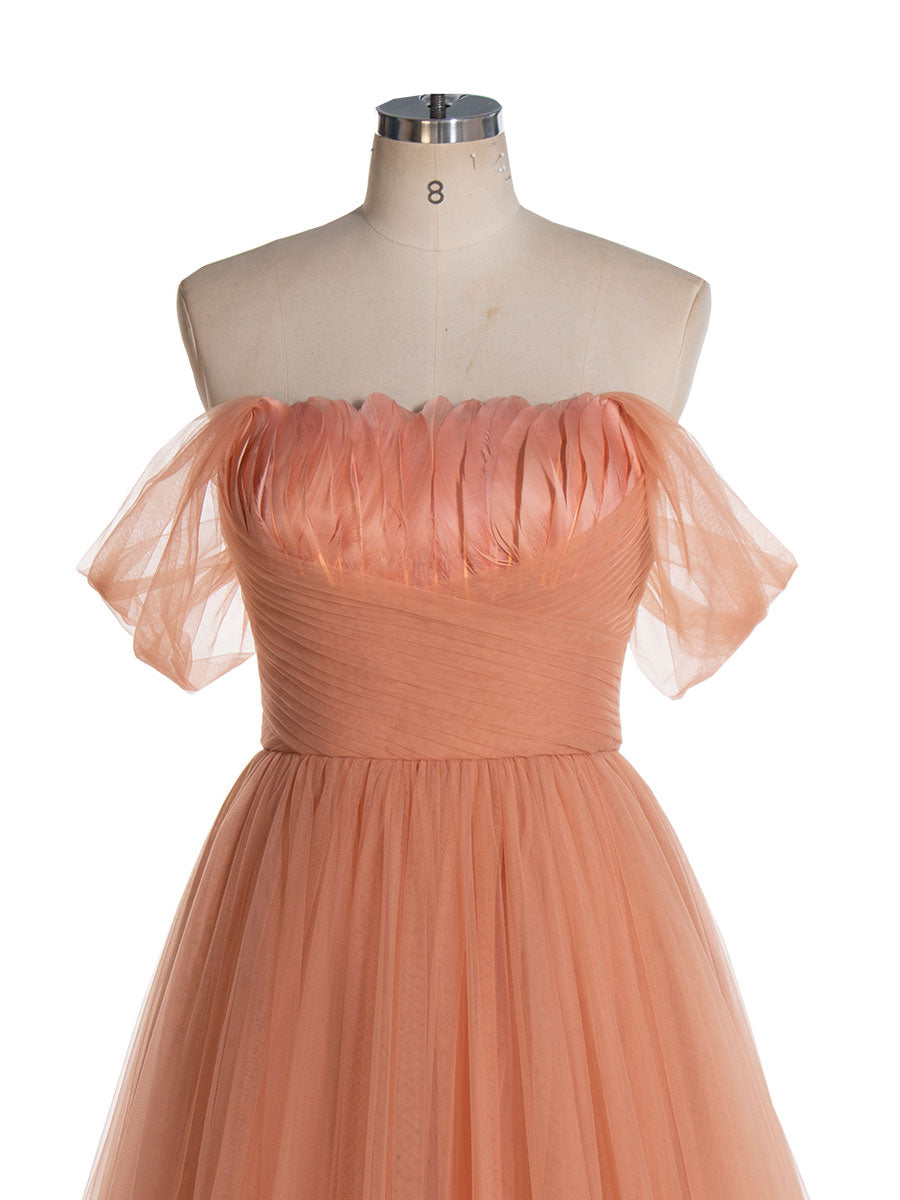 Garten Gebrannte Orange Blütenblätter Rüschen Tüll Brautkleider Flügelärmeln Feder A-Linie Lange Fotoshooting Kleider YW240118 