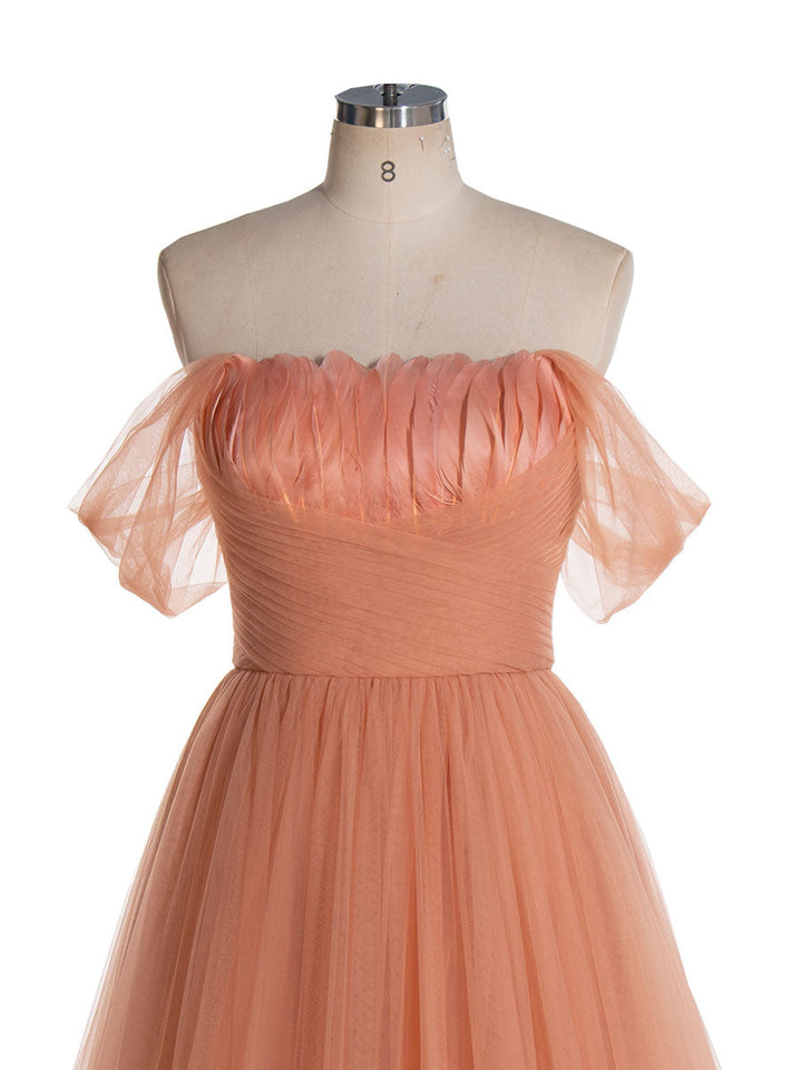 Garten Gebrannte Orange Blütenblätter Rüschen Tüll Brautkleider Flügelärmeln Feder A-Linie Lange Fotoshooting Kleider YW240118 