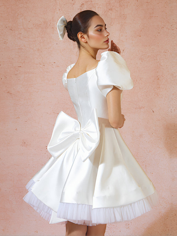 Kurzärmliges Satin-Cocktailparty-Heimkehrkleid, Mini-Brautjungfernkleid mit Schleife 