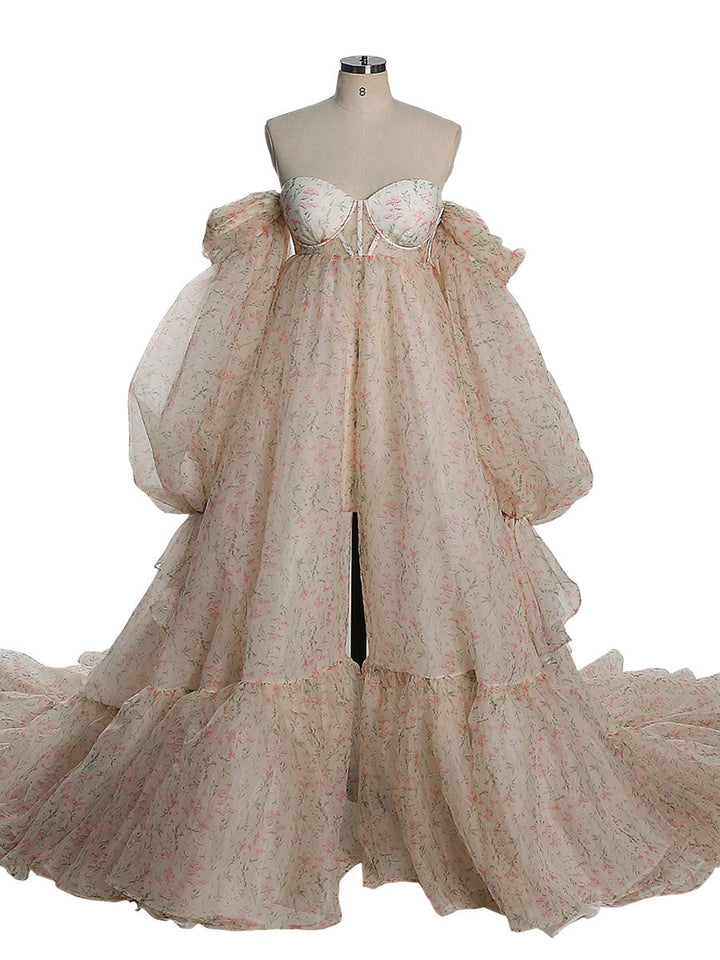 Umstandskleid aus weicher Organza-Seide mit Blumendruck für Fotoshootings, Fotografie, Foto-Requisiten, Schnürung am Rücken, YW230304 
