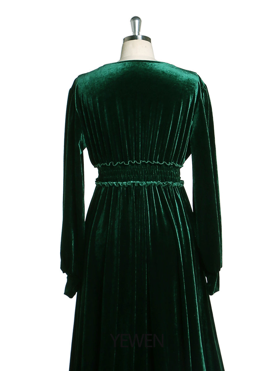 Winter-Abendkleid aus Samt mit V-Ausschnitt, langen Ärmeln, Stretch-Taille, seitlicher Schlitz, Fotoshooting-Kleid, Umstandskleider YD211030 