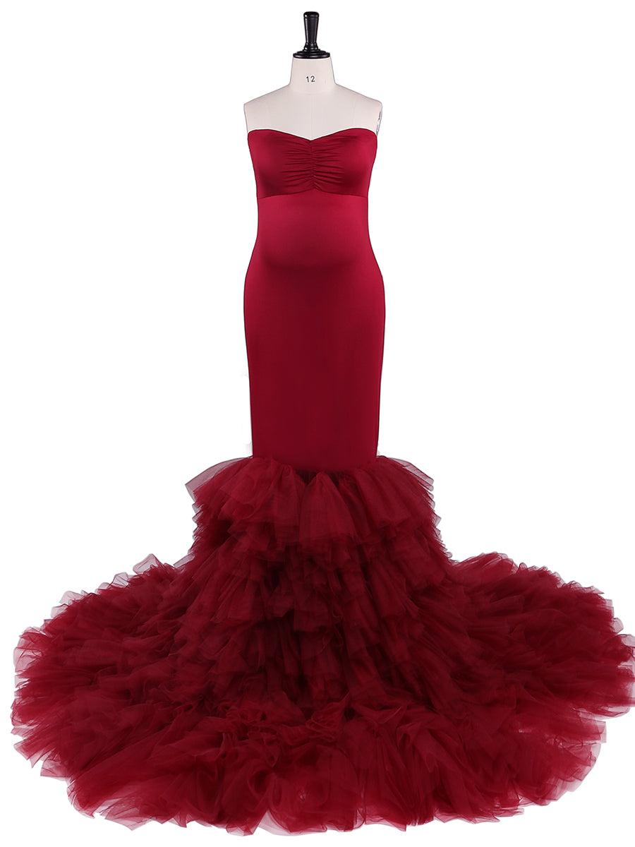 Burgunderrotes Meerjungfrauen-Umstandskleid für Fotoshootings, Kleid für Babyparty YW21036 